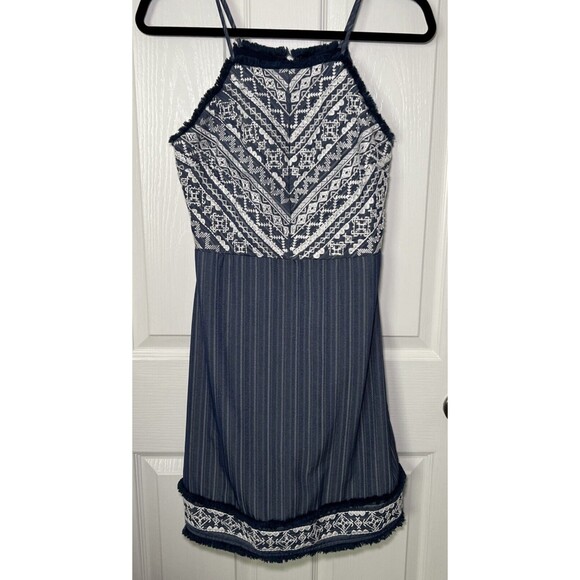 Miss Me Sleeveless Dress Small Blue White Embroidered Fringe Trim Fully Lined - Picture 1 of 15